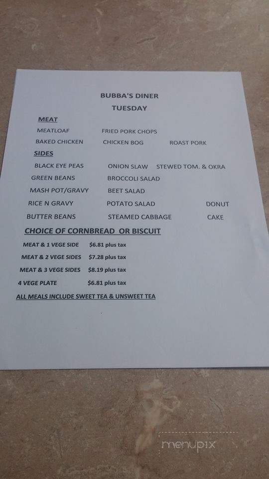 Bubba's Diner - Sumter, SC menu_pic