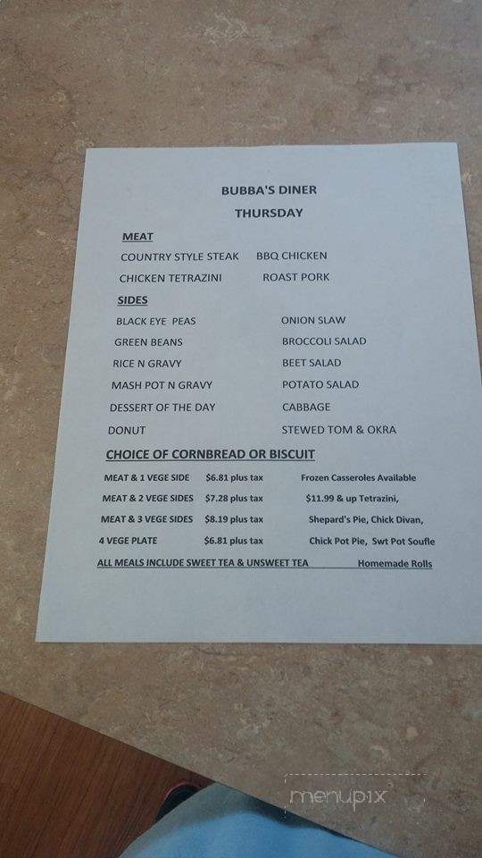 Bubba's Diner - Sumter, SC menu_pic