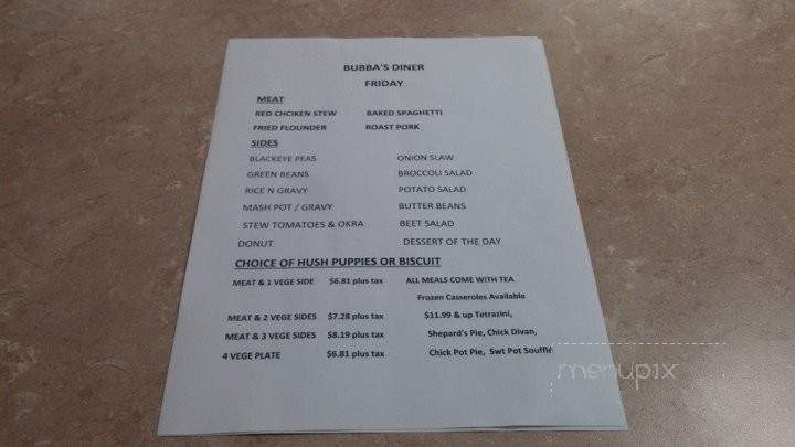 Bubba's Diner - Sumter, SC menu_pic
