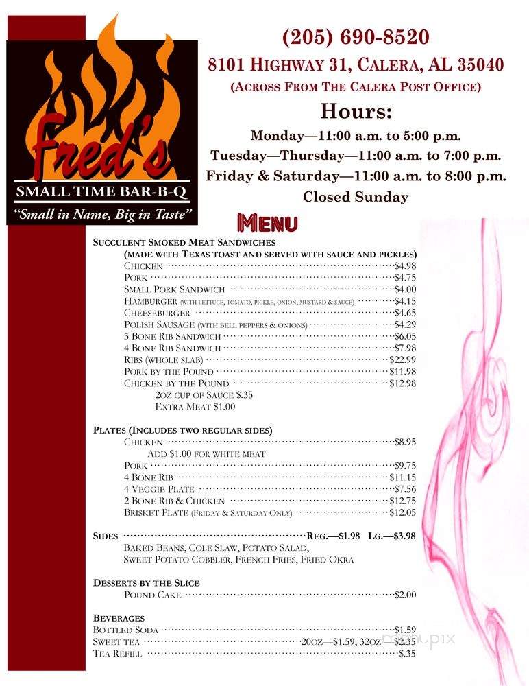 Fred's Small Time Bar-B-Q - Calera, AL menu_pic