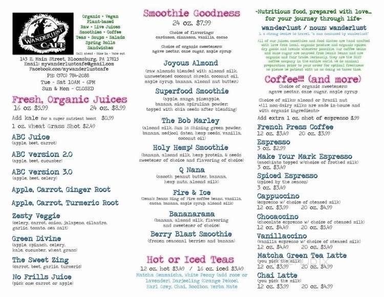 Wanderlust Cafe - Bloomsburg, PA menu_pic