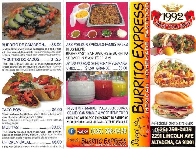 Ponci Burrito Express - Altadena, CA menu_pic