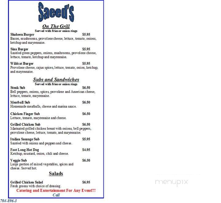 Saeed's Bar & Deli - Cornelius, NC menu_pic