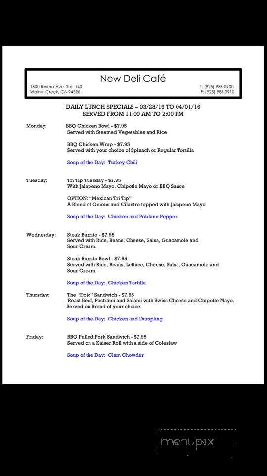 New Deli Cafe - Walnut Creek, CA menu_pic
