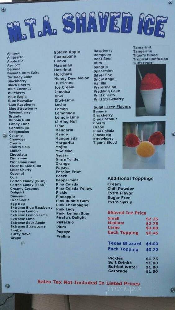 MTA Shaved Ice - Garland, TX menu_pic