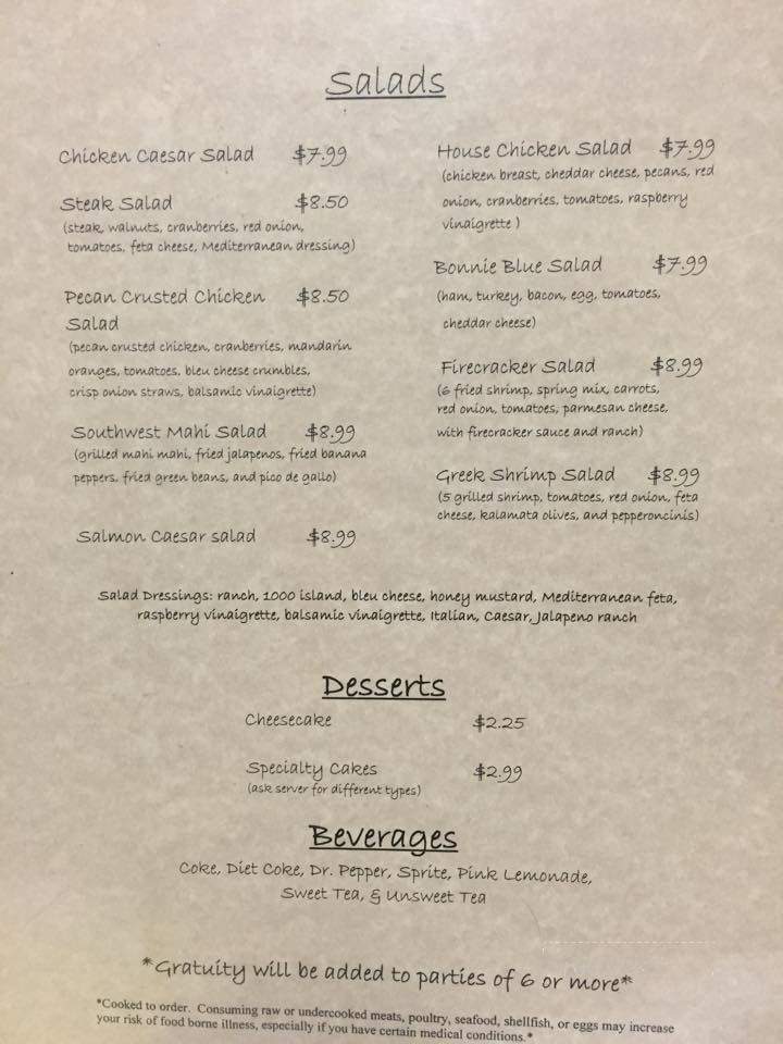 Bonnie Blue House Restaurant - Bainbridge, GA menu_pic