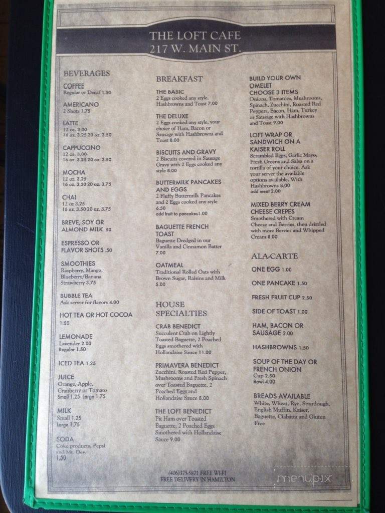 The Loft Cafe - Hamilton, MT menu_pic