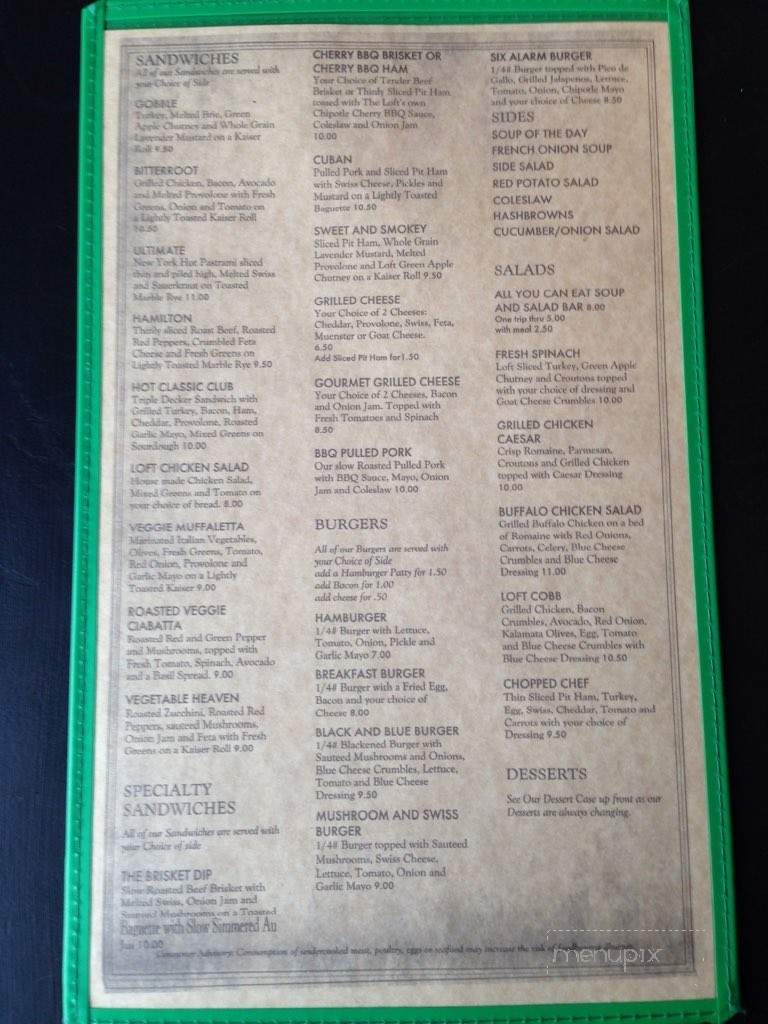 The Loft Cafe - Hamilton, MT menu_pic