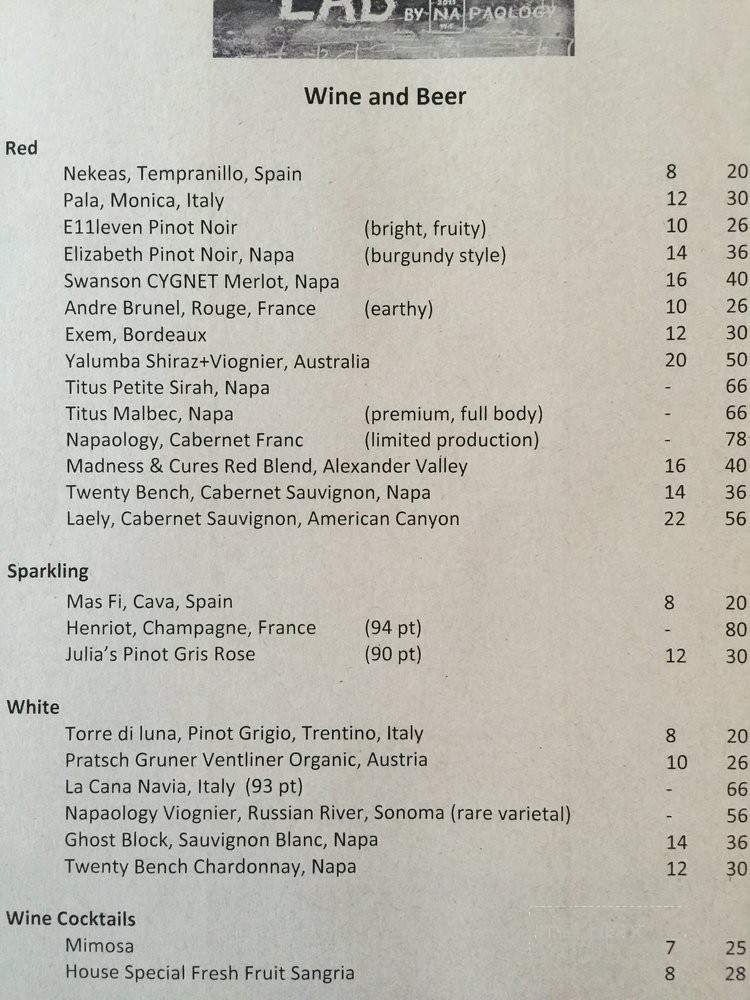 The Lab By Napaology - San Francisco, CA menu_pic