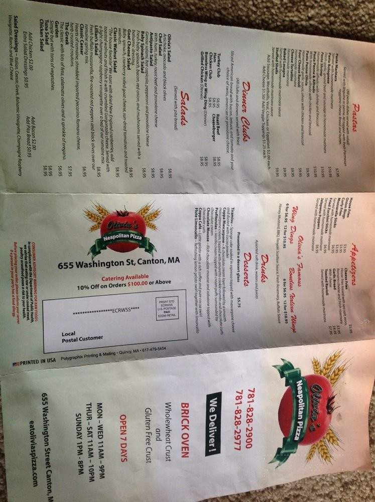 Olivia's Neapolitan Pizza - Canton, MA menu_pic