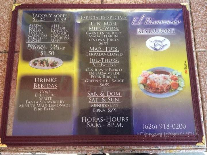 El Bienvenido - La Puente, CA menu_pic