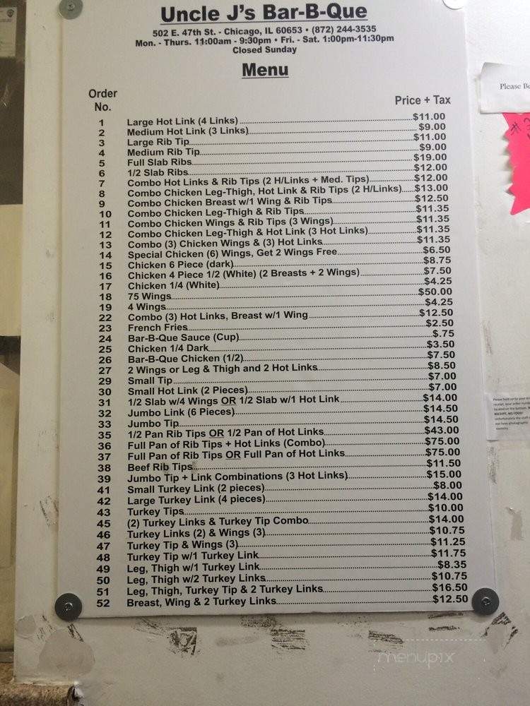 Uncle J's Bar B Q - Chicago, IL menu_pic