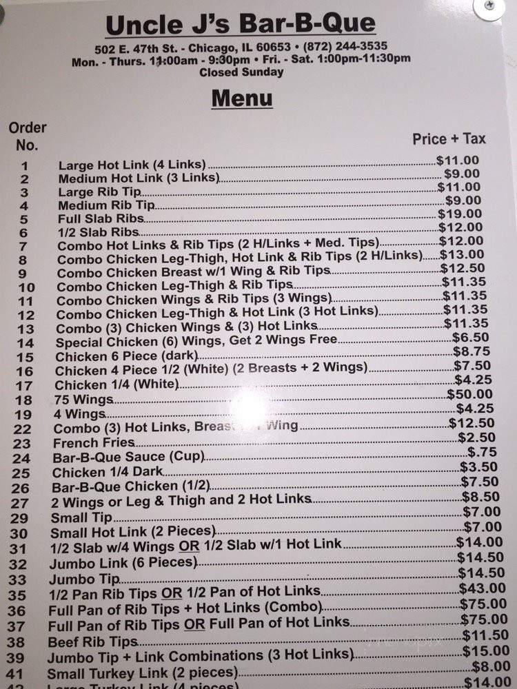Uncle J's Bar B Q - Chicago, IL menu_pic
