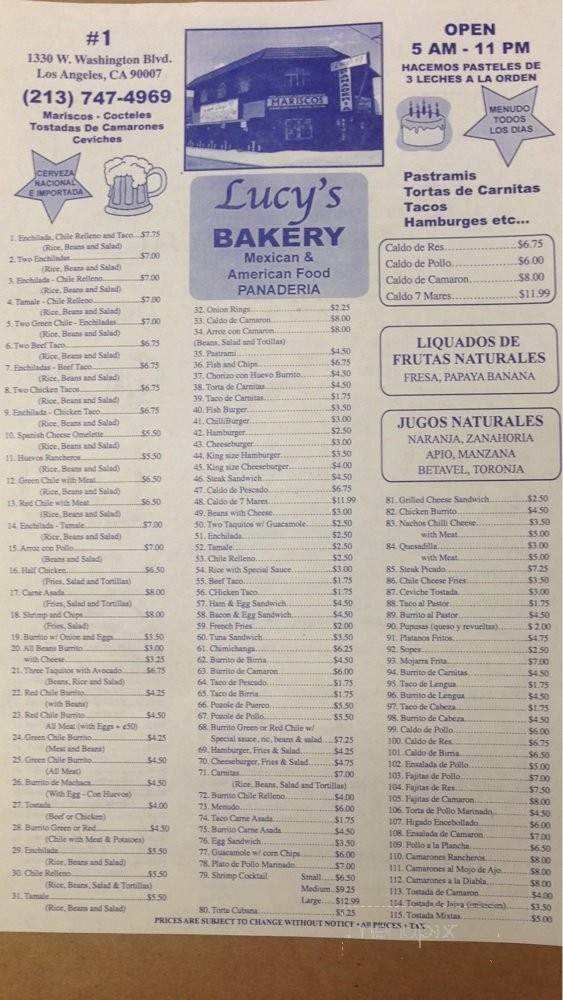 Lucy's #1 - Los Angeles, CA menu_pic