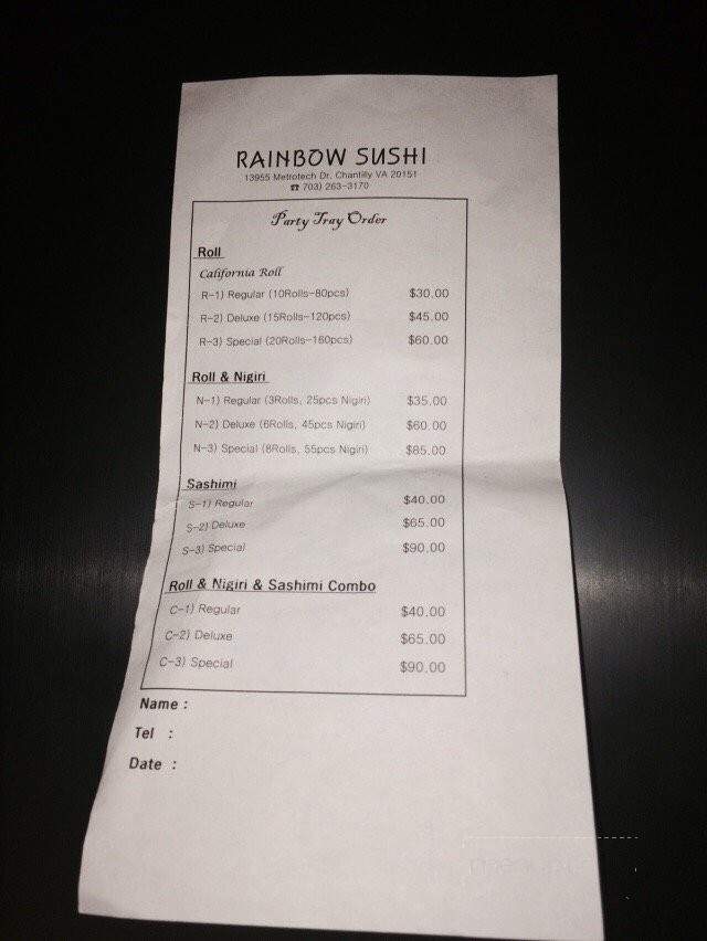 Rainbow Sushi - Chantilly, VA menu_pic