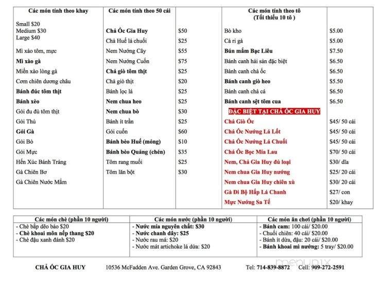 Cha Oc Gia Huy Restaurant and Food To Go - Garden Grove, CA menu_pic