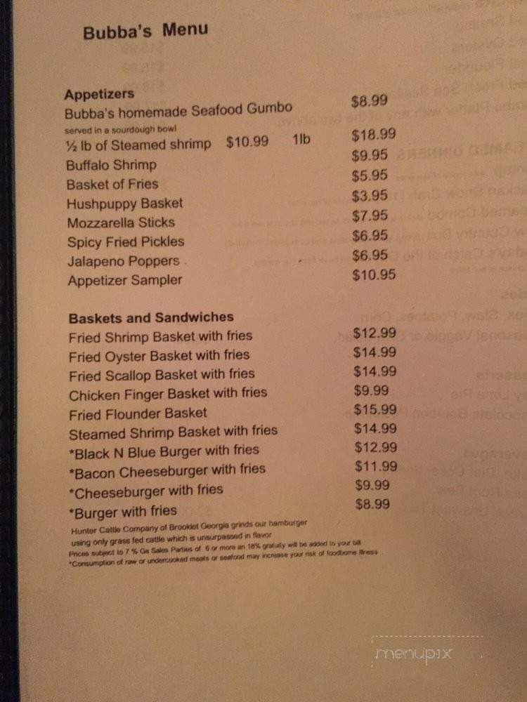 Bubba Gumbo's - Tybee Island, GA menu_pic