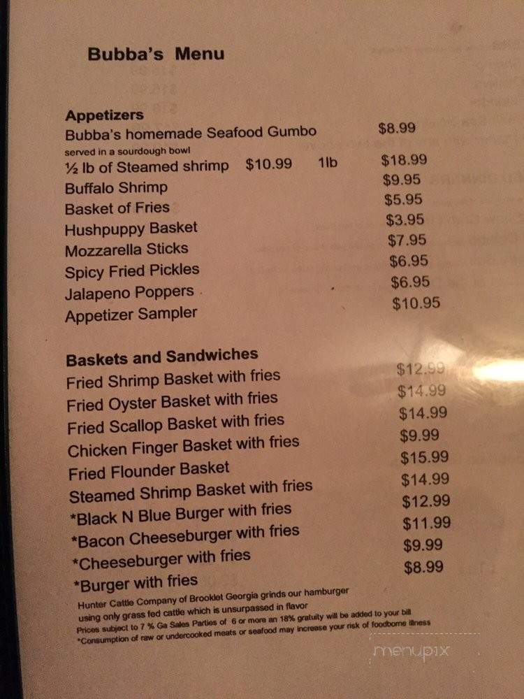 Bubba Gumbo's - Tybee Island, GA menu_pic