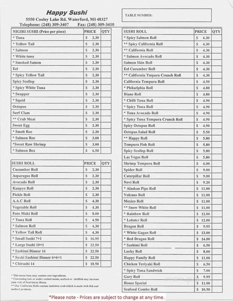 Happy Sushi - Waterford Charter Township, MI menu_pic