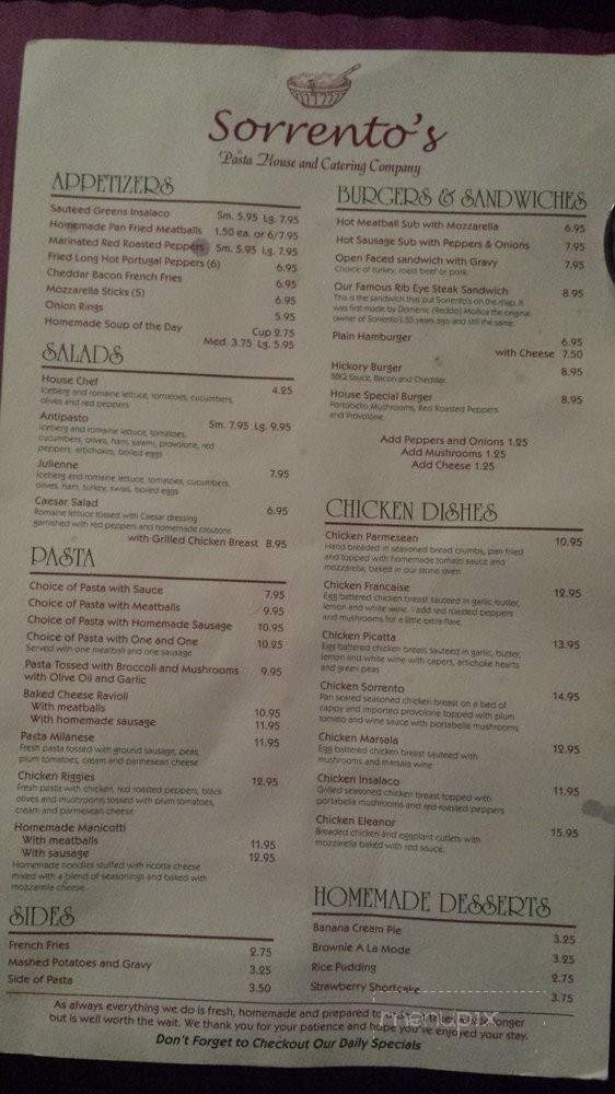Menu of Sorrento's in Syracuse, NY 13212