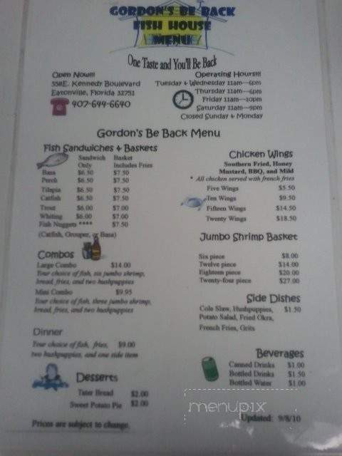 Gordons Be Back Fish House - Maitland, FL menu_pic