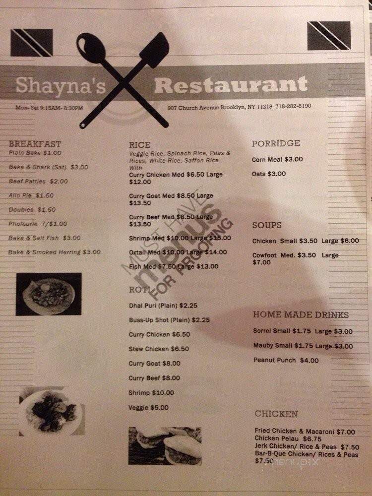 Shayna's Restaurant - Brooklyn, NY menu_pic