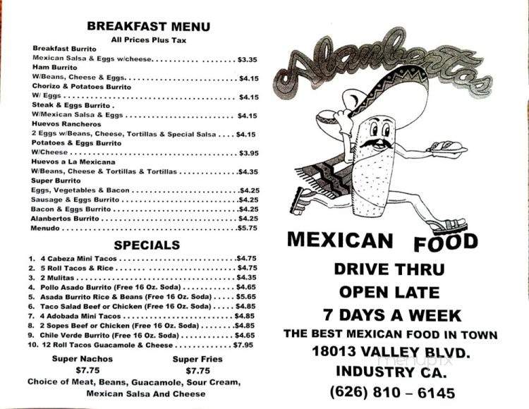 Alanbertos - Industry, CA menu_pic