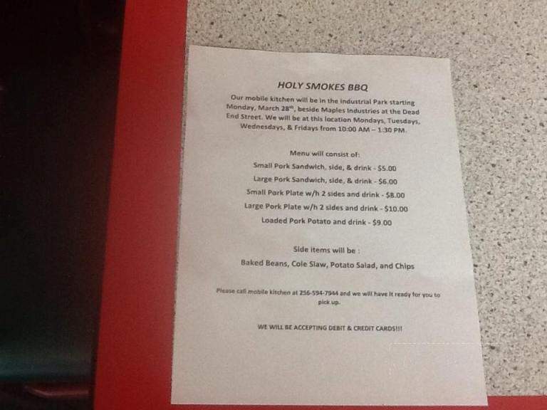 Holy Smokes BBQ - Scottsboro, AL menu_pic