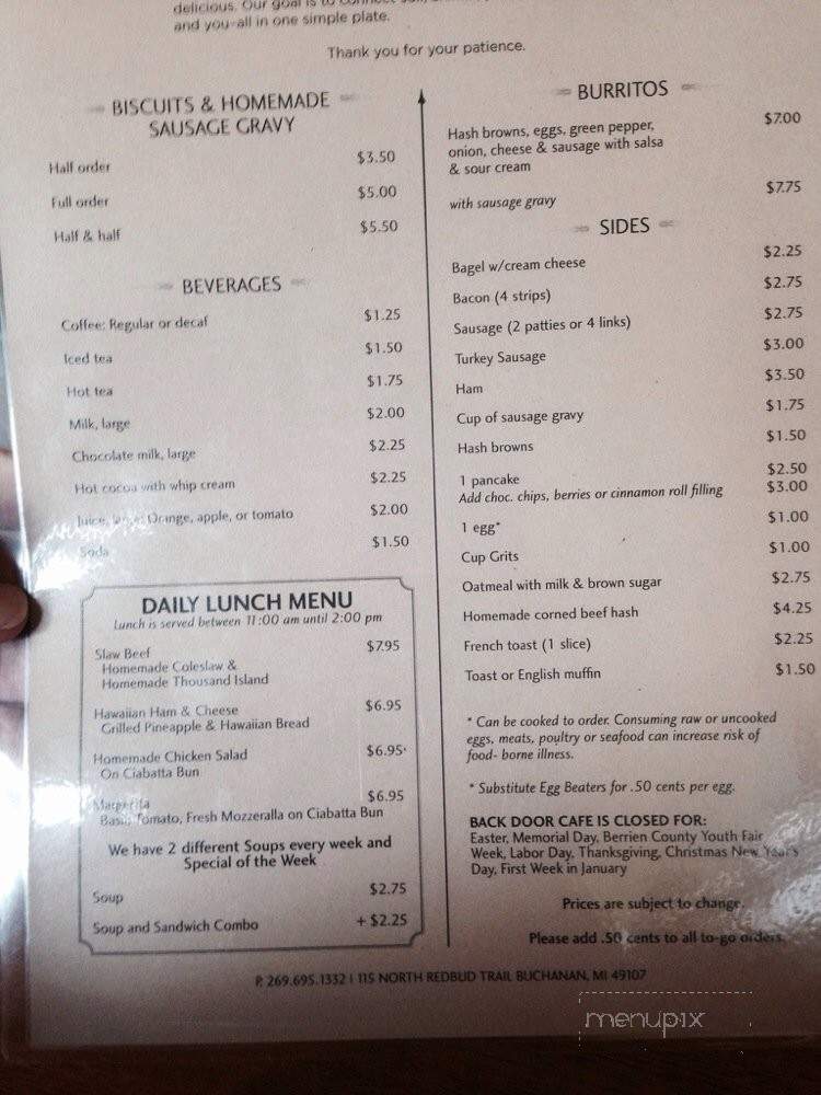 Backdoor Cafe - Buchanan, MI menu_pic