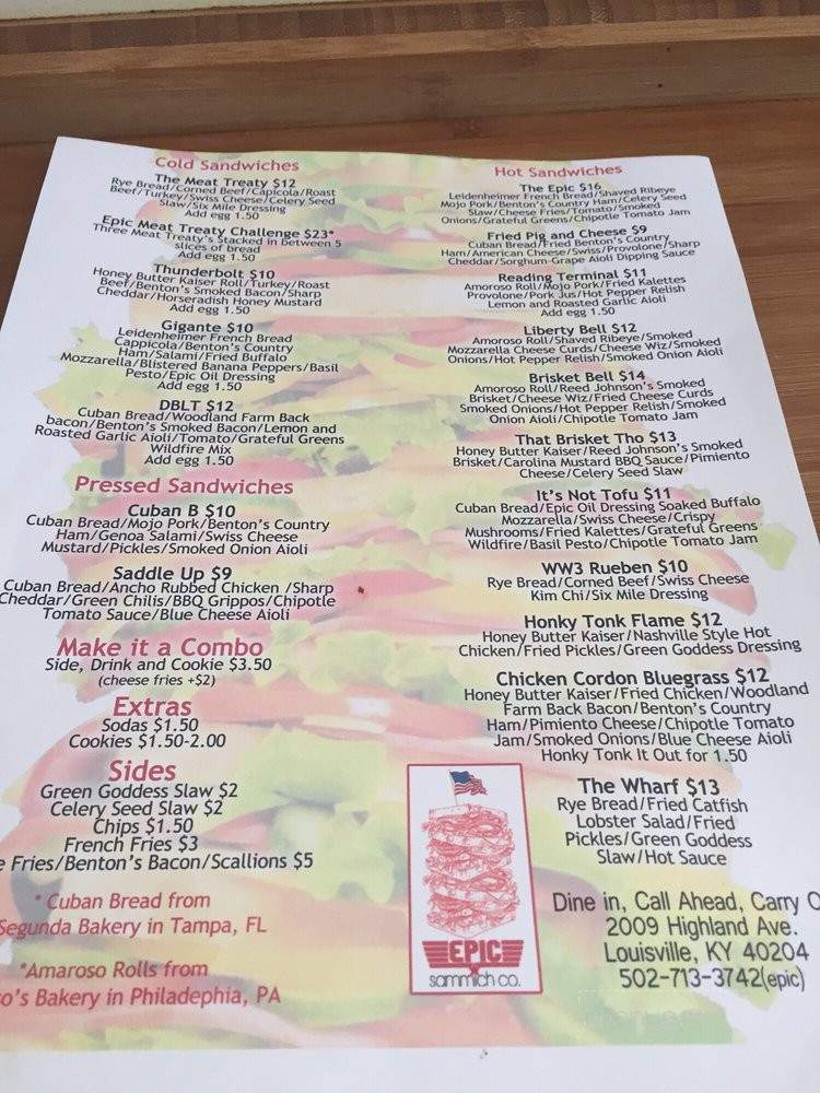 Epic Sammich Co. - Louisville, KY menu_pic