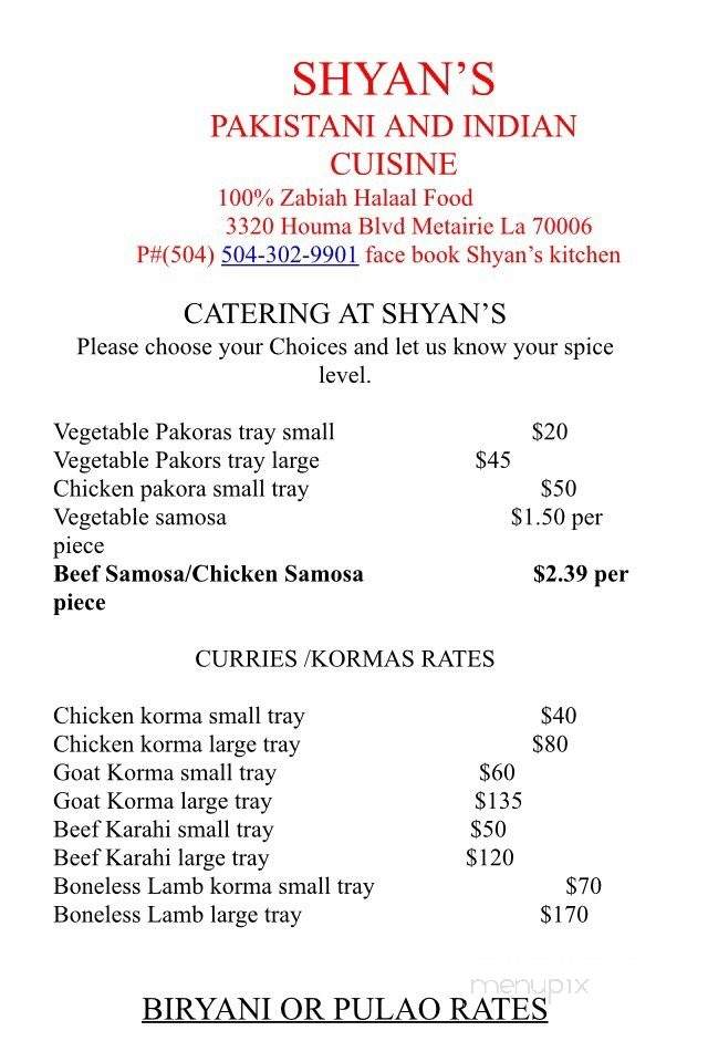 Shyan's Kitchen - Metairie, LA menu_pic