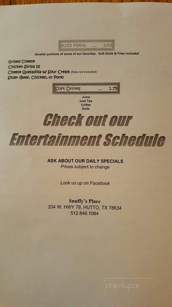 Snuffy's Bar & Grill - Hutto, TX menu_pic