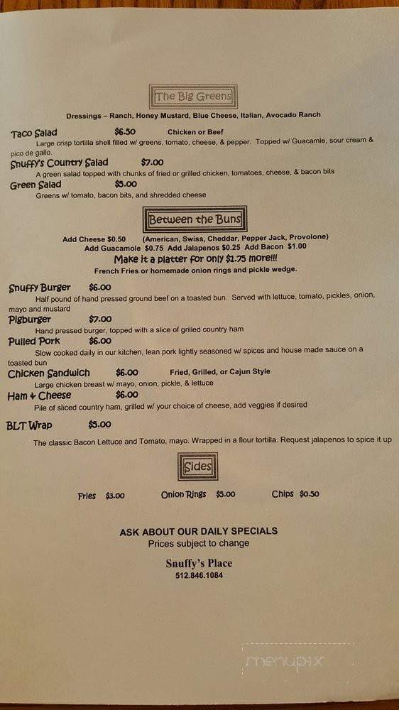 Snuffy's Bar & Grill - Hutto, TX menu_pic