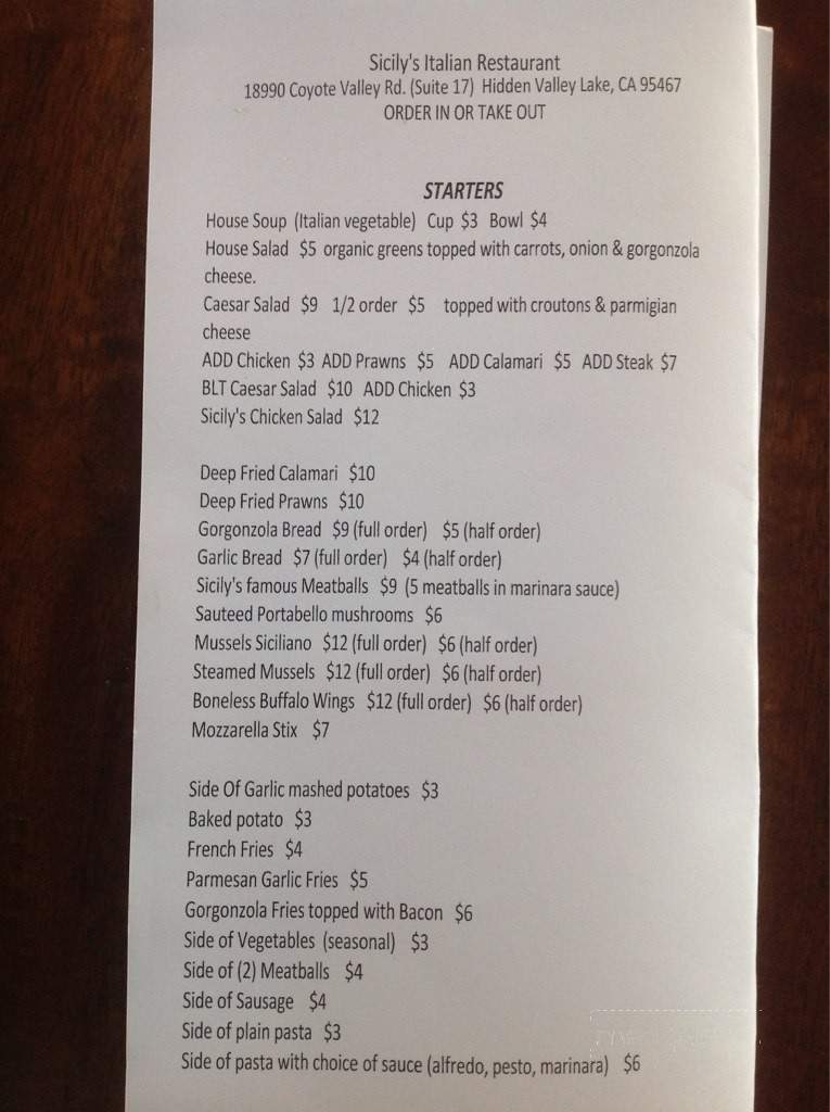 Sicily's Italian Restaurant - Hidden Valley Lake, CA menu_pic