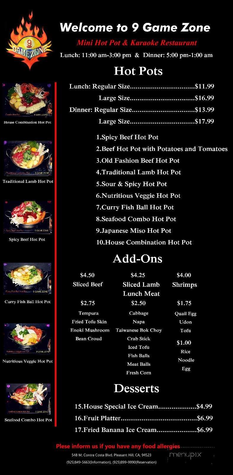 9 Game Zone - Pleasant Hill, CA menu_pic