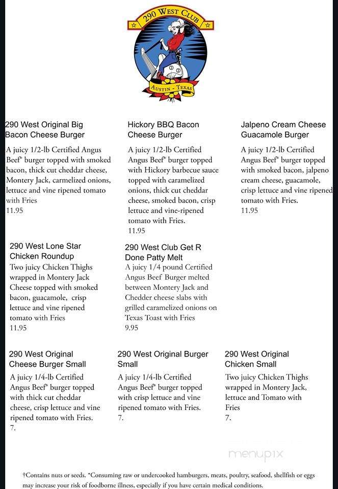 290 West Bar & Grill - Austin, TX menu_pic