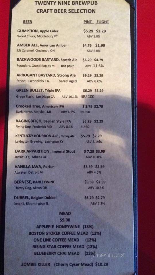 29 Brew Pub - Marion, OH menu_pic