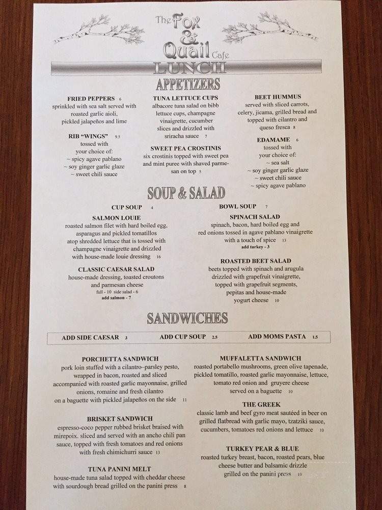 The Fox & Quail Cafe - Chelan, WA menu_pic