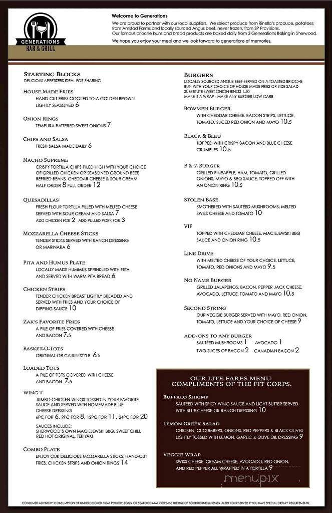 Generations Bar & Grill - Sherwood, OR menu_pic