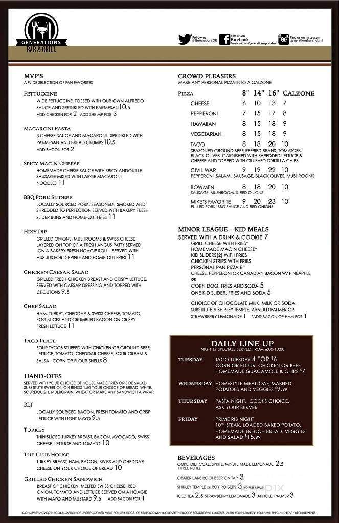 Generations Bar & Grill - Sherwood, OR menu_pic