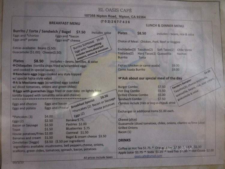 El Oasis Cafe - Nipton, CA menu_pic