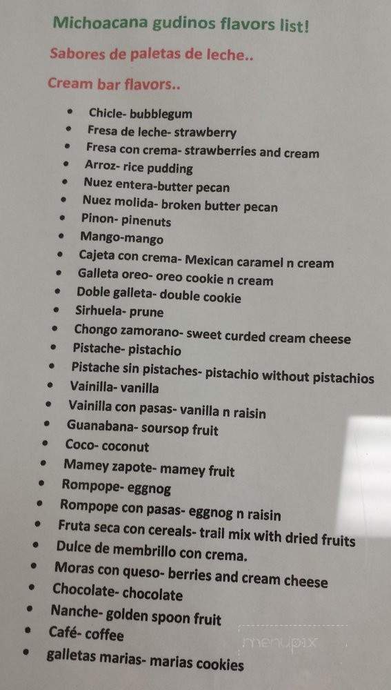 La Michoacana Gudino's - Mundelein, IL menu_pic