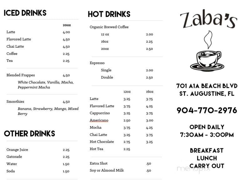 Zaba's - St. Augustine, FL menu_pic