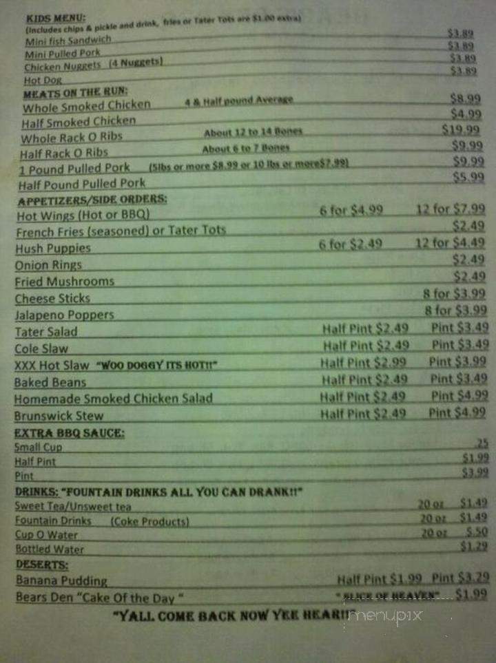 Bear's Den BBQ - Ocoee, TN menu_pic
