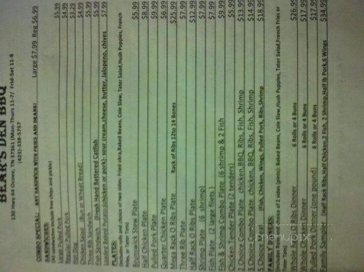 Bear's Den BBQ - Ocoee, TN menu_pic