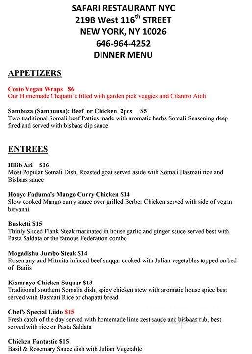 Safari Restaurant NYC - New York, NY menu_pic