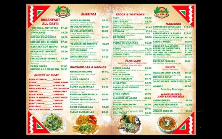 El Valle Mexican Restaurant - San Rafael, CA menu_pic