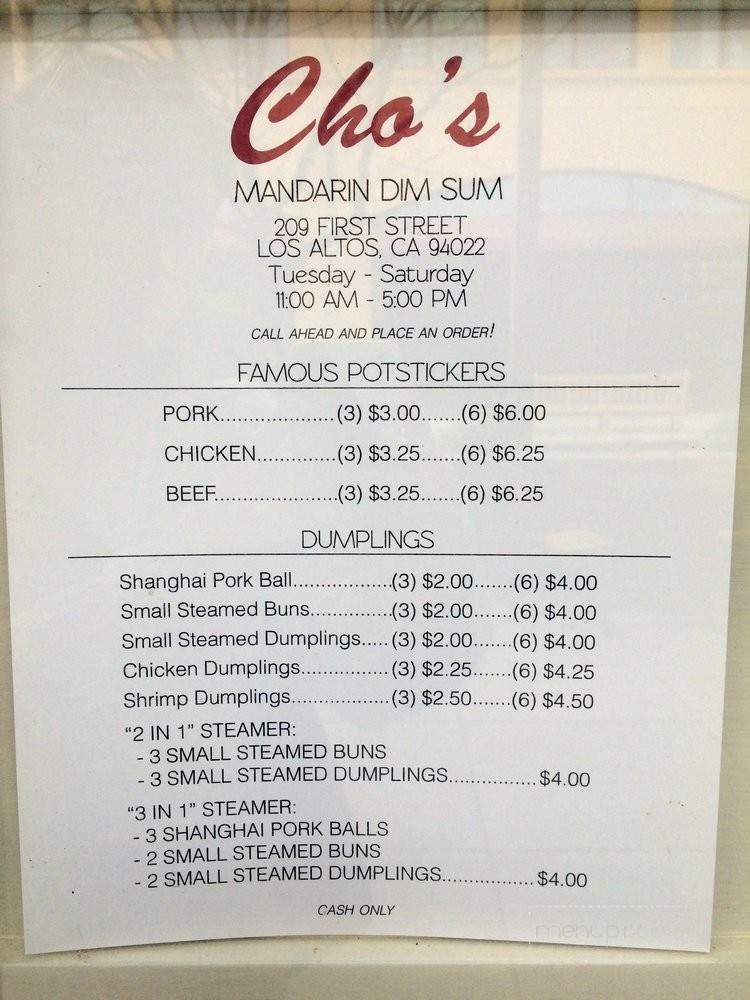 Cho's Mandarin Dim Sum - Los Altos, CA menu_pic