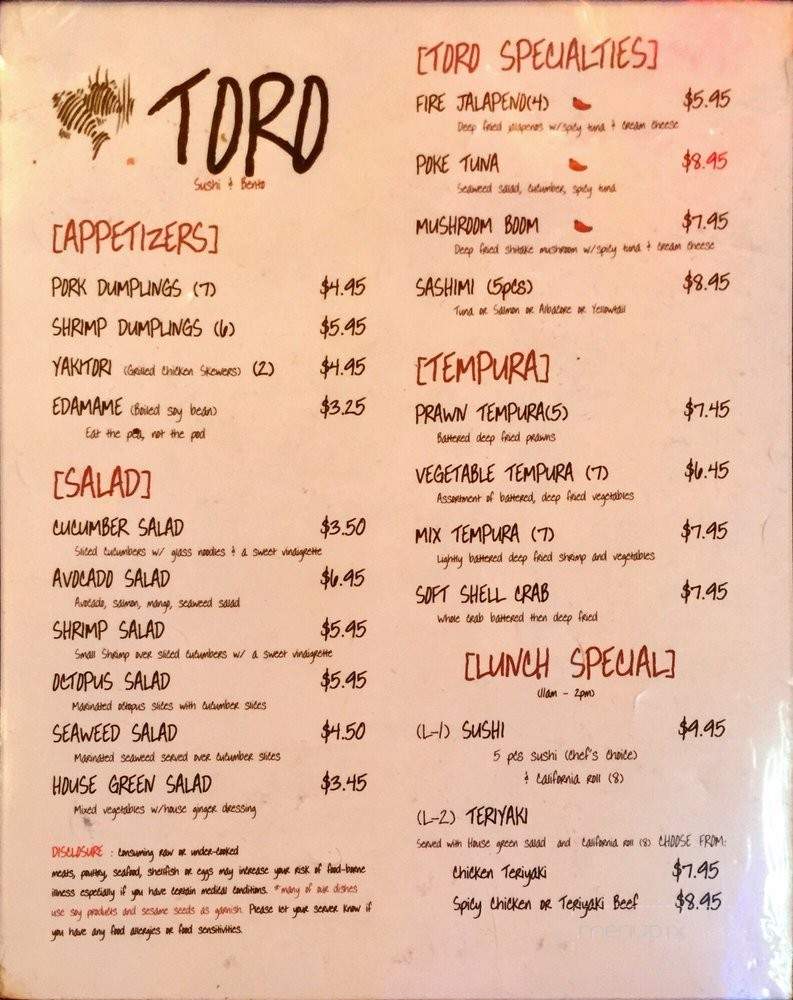 Toro Sushi Bento - Battle Ground, WA menu_pic