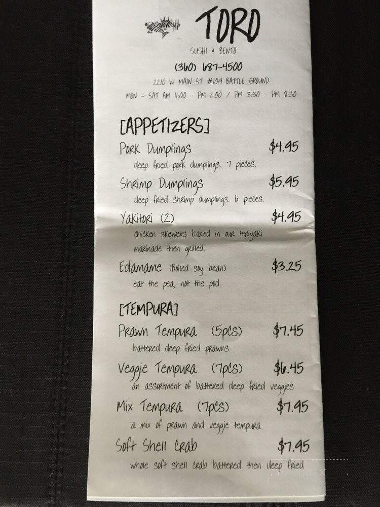 Toro Sushi Bento - Battle Ground, WA menu_pic